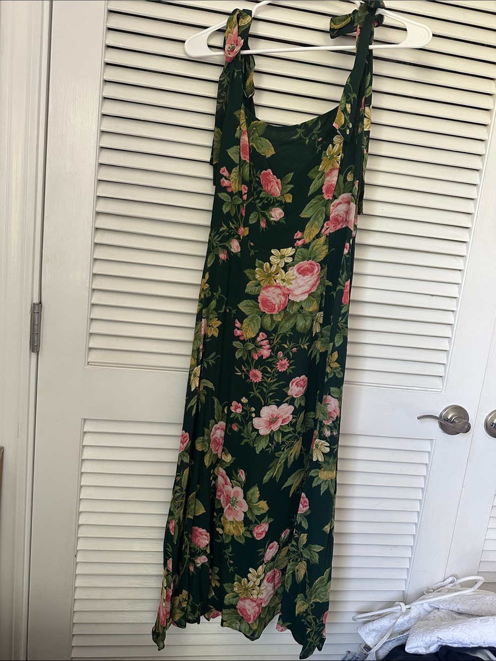 Reformation Dark Green Floral Tie-Strap Midi Dress